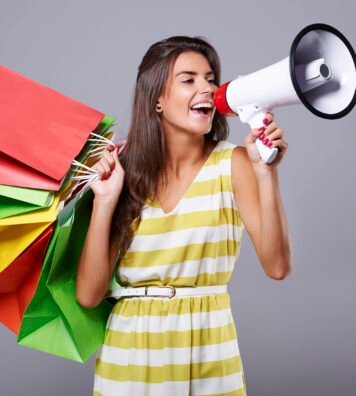 Close up of woman shouting via the loudspeaker